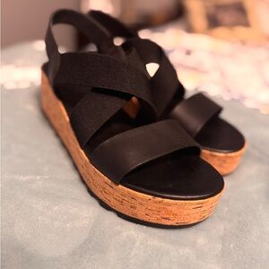 Sorel Black Platform Sandals with Chunky Cork Sole
